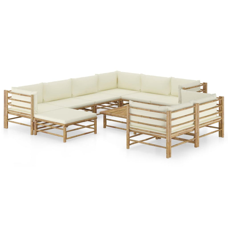 10 Piece Patio Lounge Set with Cream White Cushions Bamboo