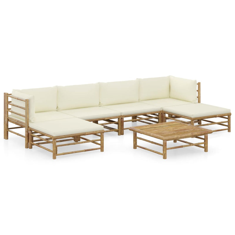 7 Piece Patio Lounge Set with Cream White Cushions Bamboo