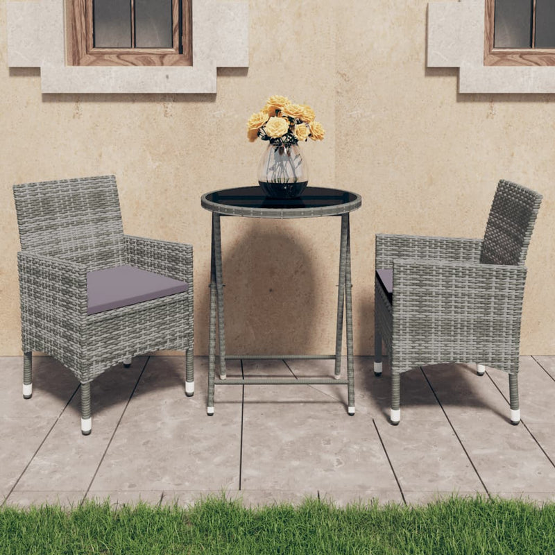 3 Piece Patio Bistro Set Poly Rattan and Tempered Glass Gray