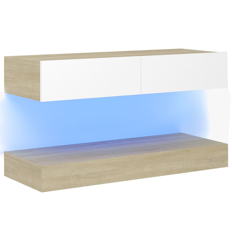 TV Cabinet with LED Lights White and Sonoma Oak 35.4"x13.8"