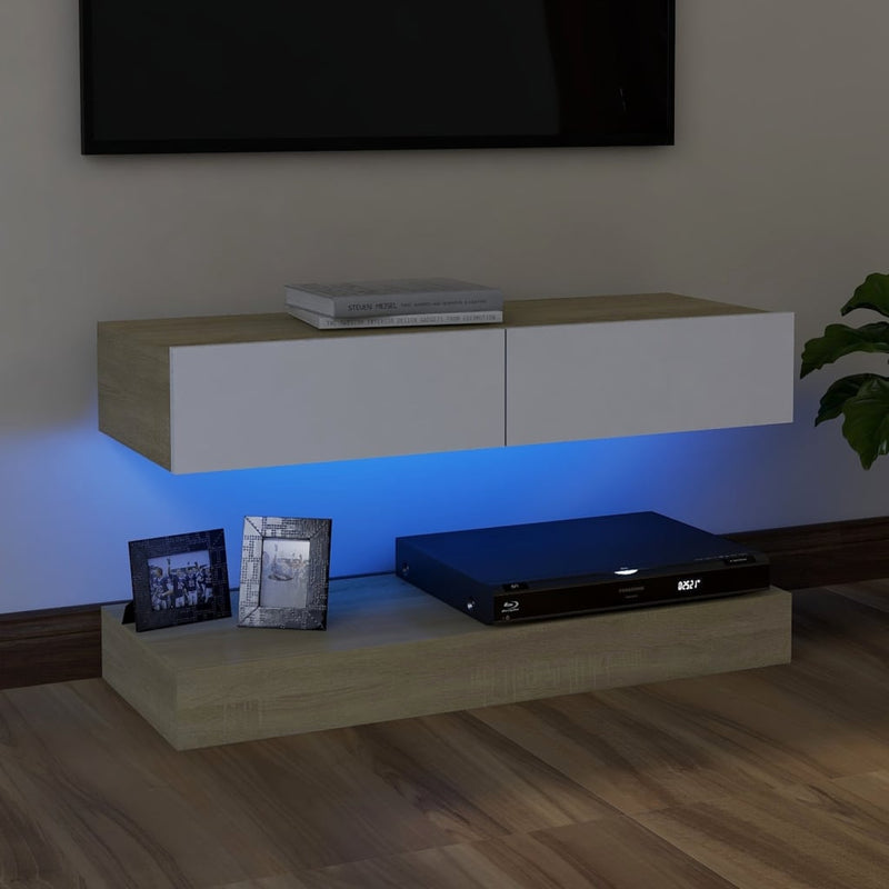 TV Cabinet with LED Lights White and Sonoma Oak 35.4"x13.8"