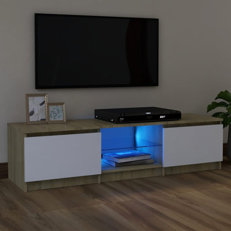 TV Cabinet with LED Lights White and Sonoma Oak 47.2"x12"x14"