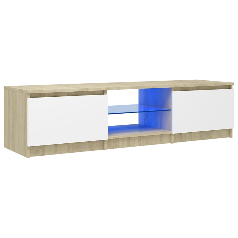 TV Cabinet with LED Lights White and Sonoma Oak 55.1"x16"x14"