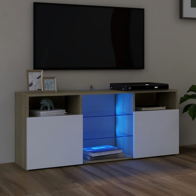 TV Cabinet with LED Lights White and Sonoma Oak 47.2"x12"x20"