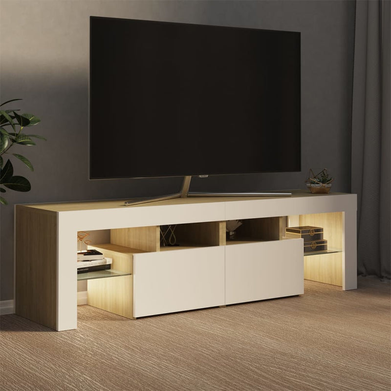 TV Cabinet with LED Lights White and Sonoma Oak 55.1"x13.8"x15.7"