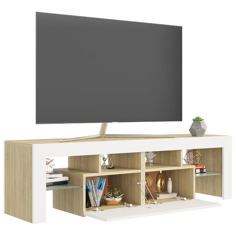 TV Cabinet with LED Lights White and Sonoma Oak 55.1"x13.8"x15.7"