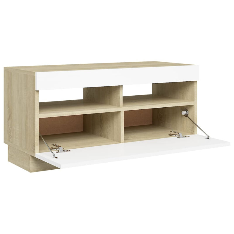 TV Cabinet with LED Lights White and Sonoma Oak 32"x14"x16"