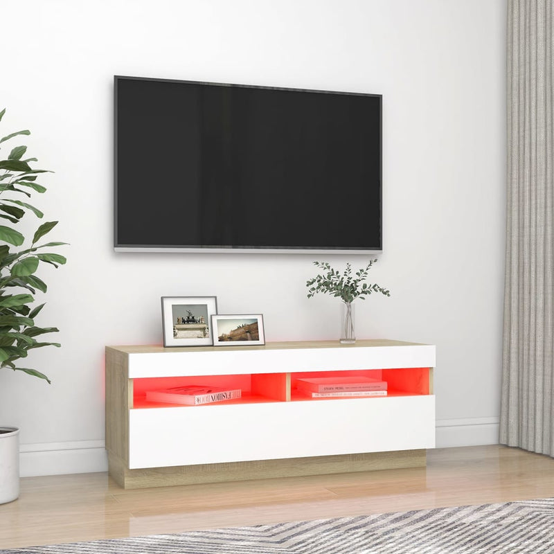 TV Cabinet with LED Lights White and Sonoma Oak 39.4"x13.8"x15.7"
