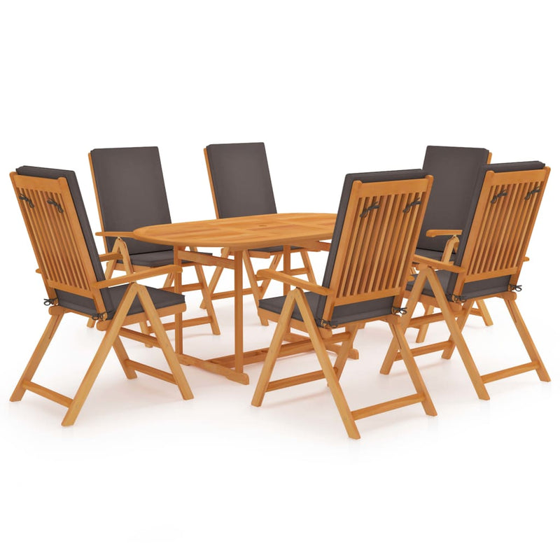 7 Piece Patio Dining Set with Gray Cushions Solid Teak Wood