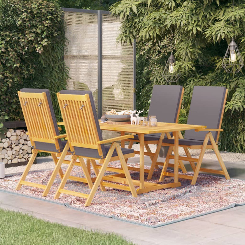 5 Piece Patio Dining Set with Gray Cushions Solid Teak Wood
