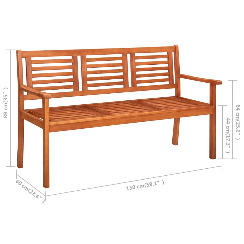 3-Seater Patio Bench with Cushion 23.3" Solid Eucalyptus Wood