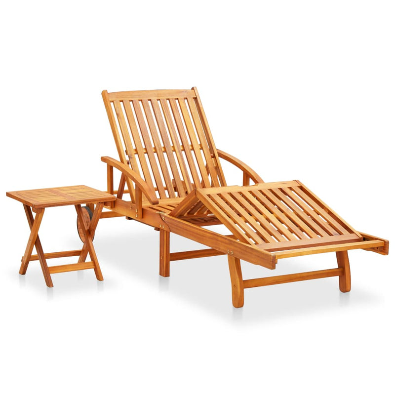 Patio Sun Lounger with Table and Cushion Solid Acacia Wood