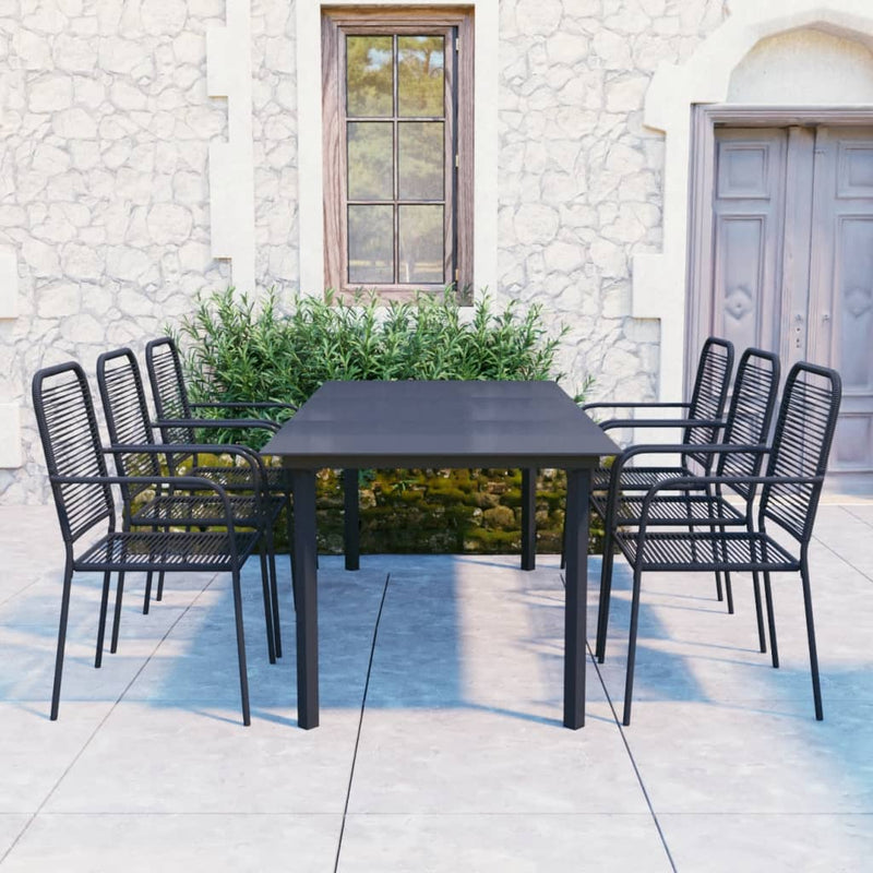 7 Piece Patio Dining Set Black Glass and Steel