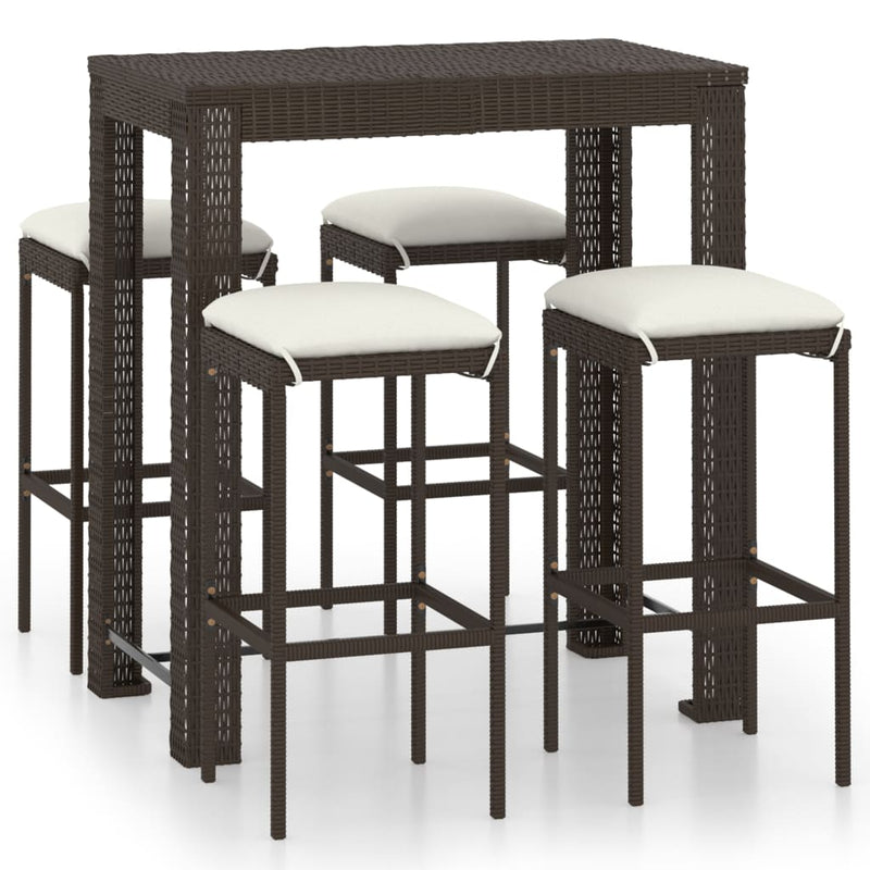 5 Piece Patio Bar Set with Cushions Poly Rattan Brown