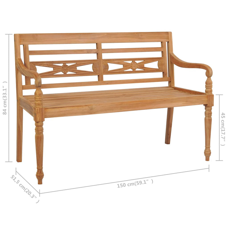 Batavia Bench with Cream White Cushion 59.1" Solid Teak Wood