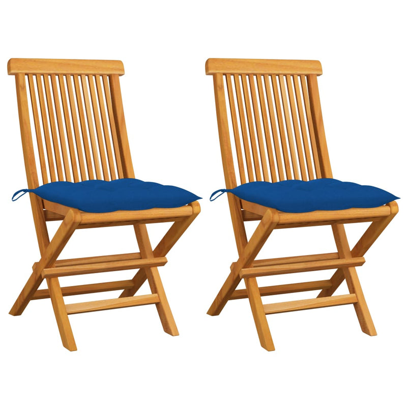 Patio Chairs with Blue Cushions 2 pcs Solid Teak Wood