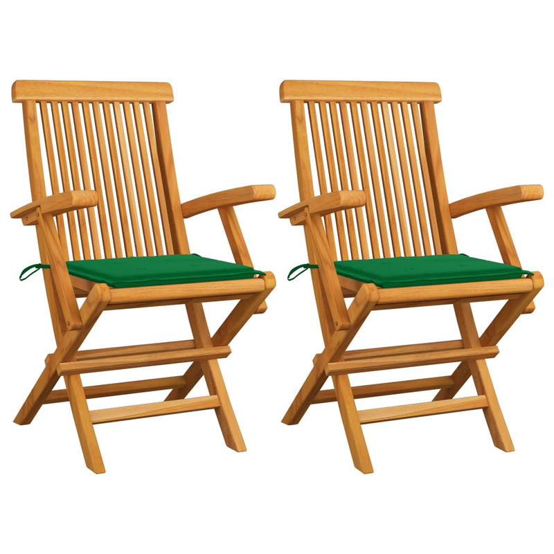 Patio Chairs with Green Cushions 2 pcs Solid Teak Wood