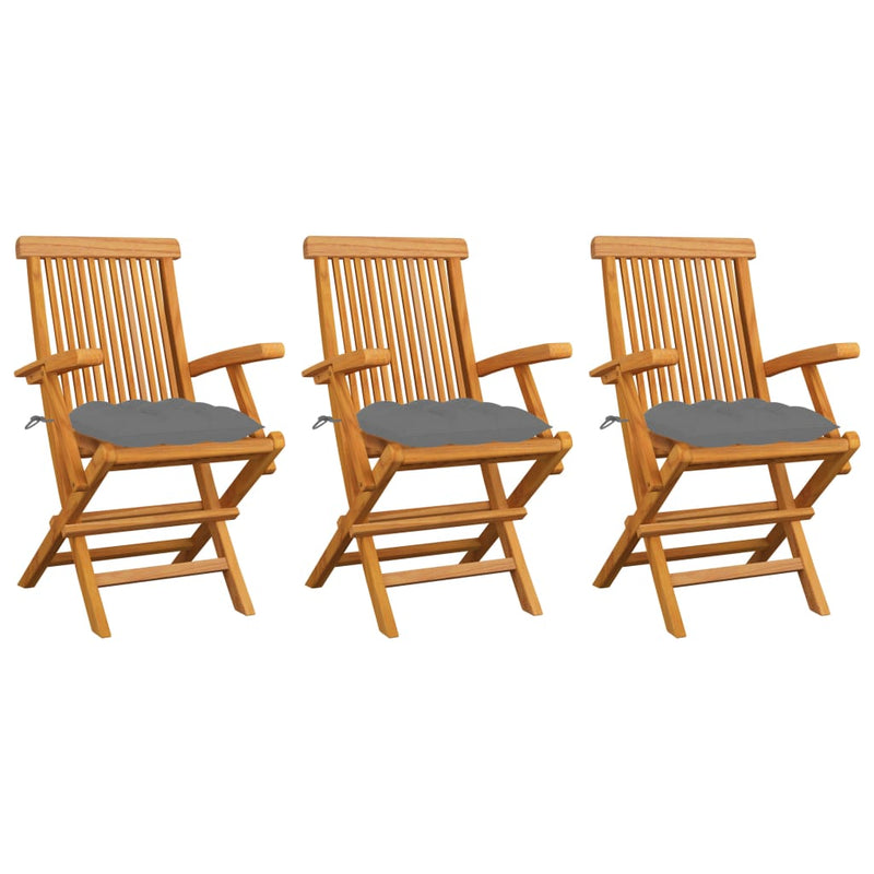 Patio Chairs with Gray Cushions 3 pcs Solid Teak Wood
