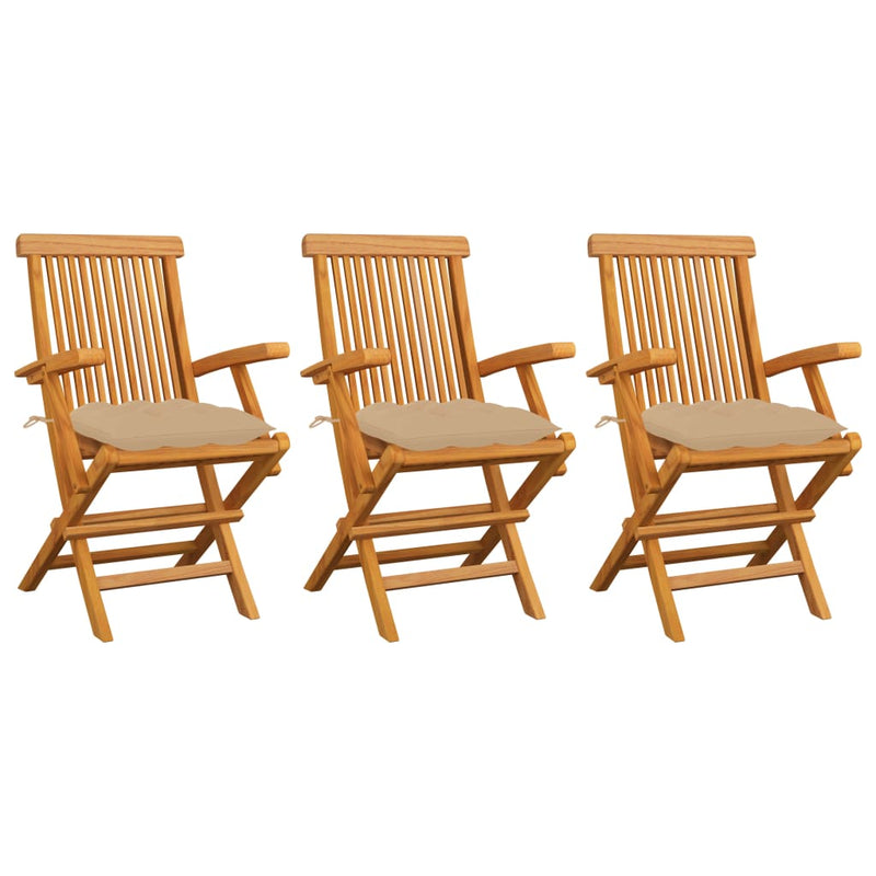 Patio Chairs with Beige Cushions 3 pcs Solid Teak Wood
