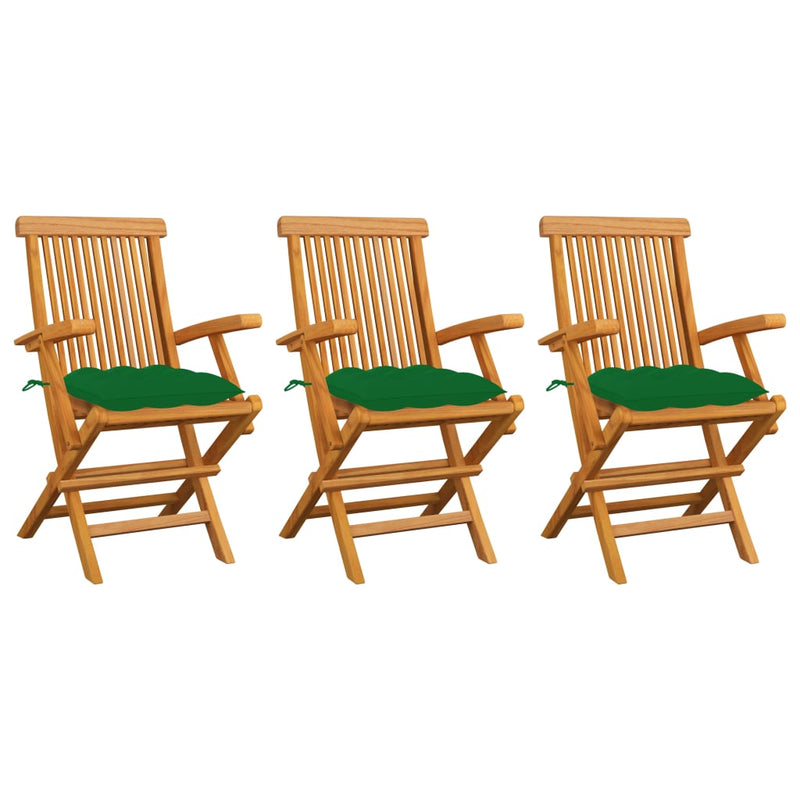 Patio Chairs with Green Cushions 3 pcs Solid Teak Wood