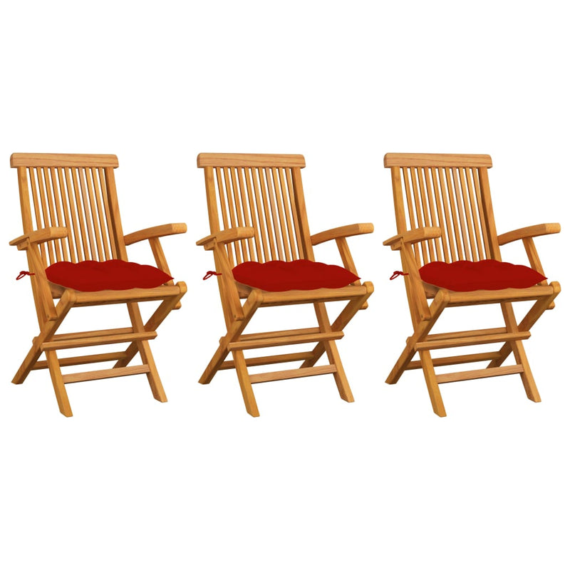 Patio Chairs with Red Cushions 3 pcs Solid Teak Wood