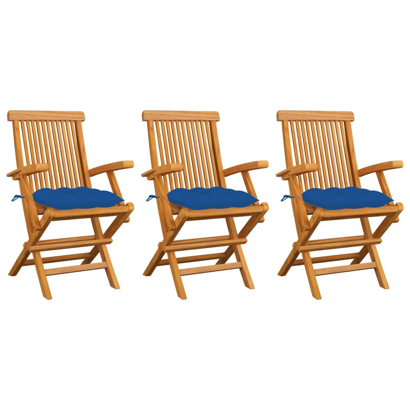 Patio Chairs with Blue Cushions 3 pcs Solid Teak Wood