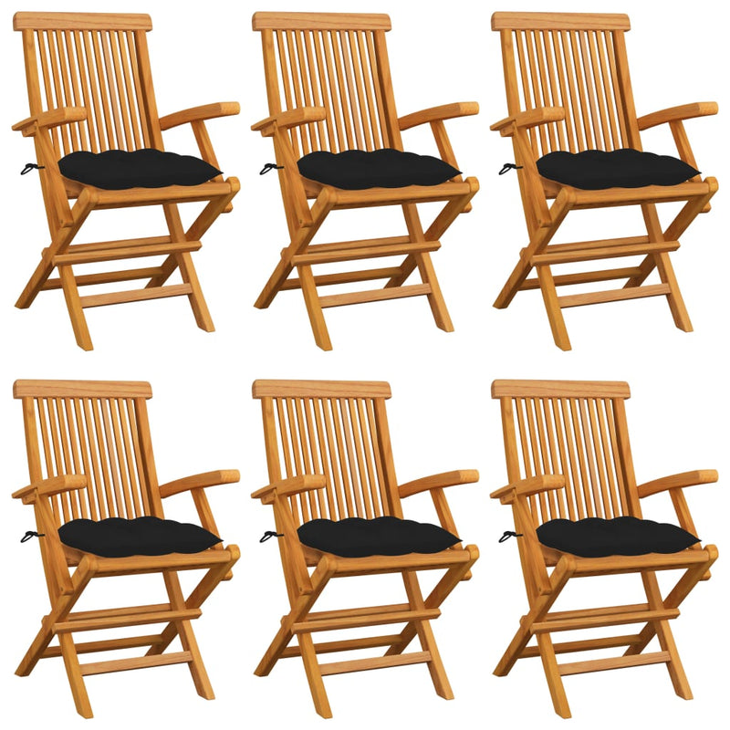 Patio Chairs with Black Cushions 6 pcs Solid Teak Wood