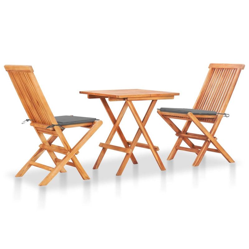 3 Piece Bistro Set with Gray Cushions Solid Teak Wood