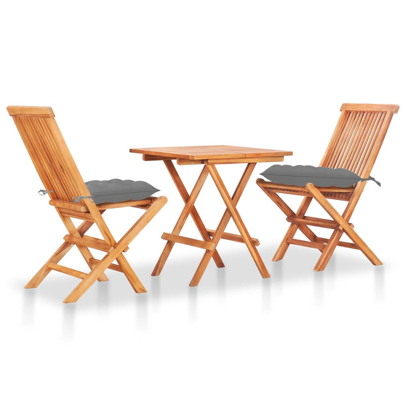 3 Piece Bistro Set with Gray Cushions Solid Teak Wood