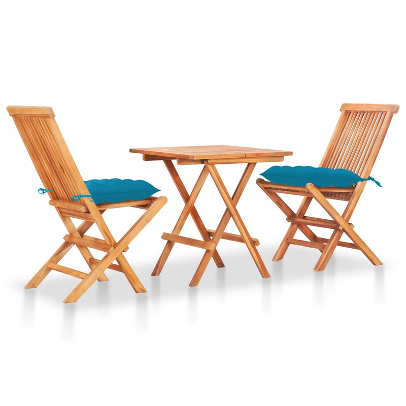 3 Piece Bistro Set with Light Blue Cushions Solid Teak Wood