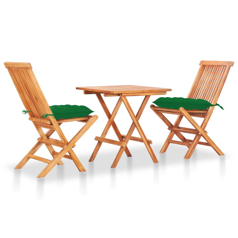 3 Piece Bistro Set with Green Cushions Solid Teak Wood