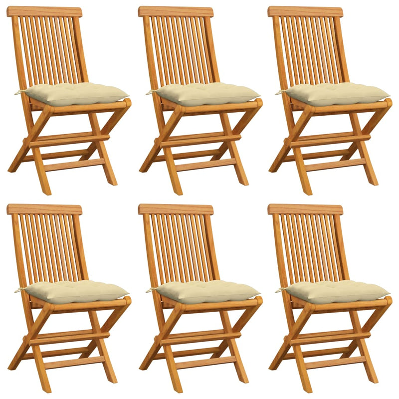 Patio Chairs with Cream White Cushions 6 pcs Solid Teak Wood