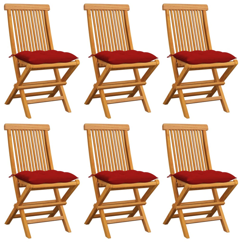 Patio Chairs with Red Cushions 6 pcs Solid Teak Wood