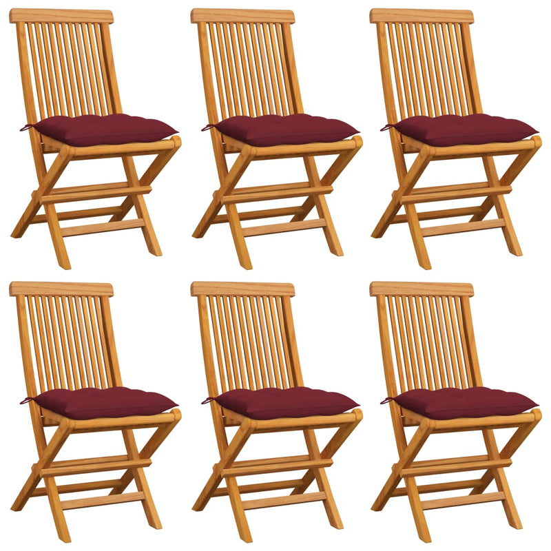 Patio Chairs with Wine Red Cushions 6 pcs Solid Teak Wood