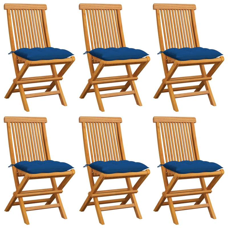 Patio Chairs with Blue Cushions 6 pcs Solid Teak Wood