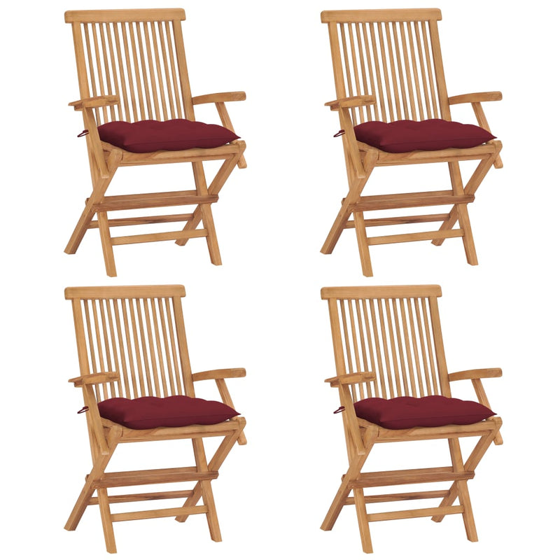 Patio Chairs with Wine Red Cushions 4 pcs Solid Teak Wood