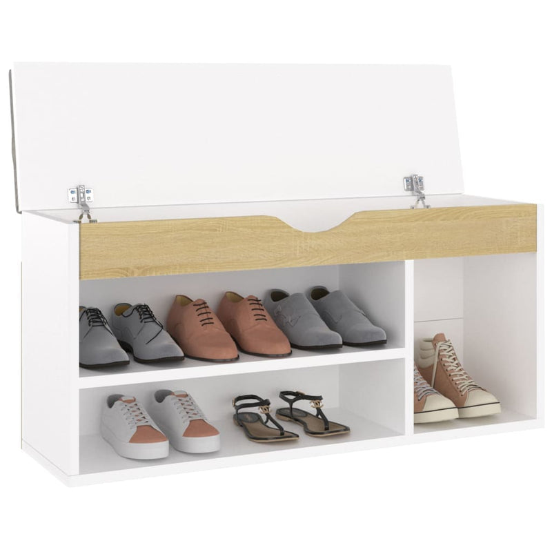 Shoe Bench with Cushion White and Sonoma Oak 40.9"x11.8"x19.3" Chipboard