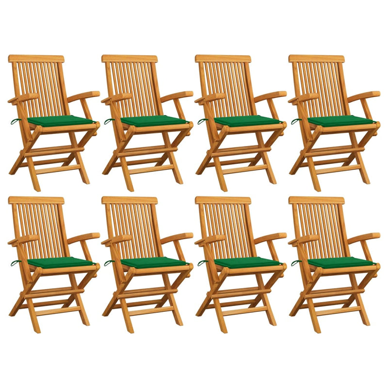 Patio Chairs with Green Cushions 8 pcs Solid Teak Wood