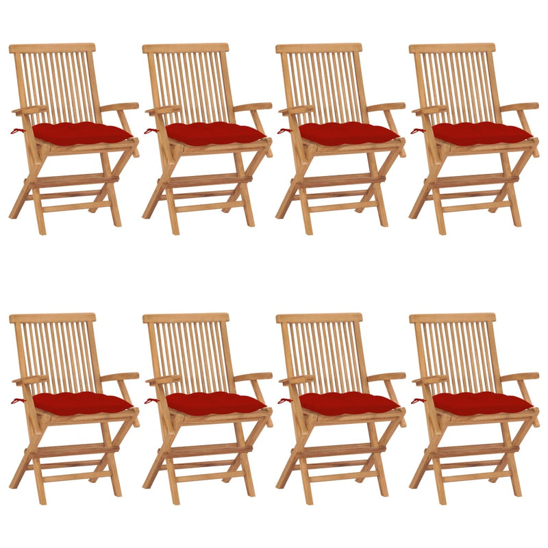 Patio Chairs with Red Cushions 8 pcs Solid Teak Wood