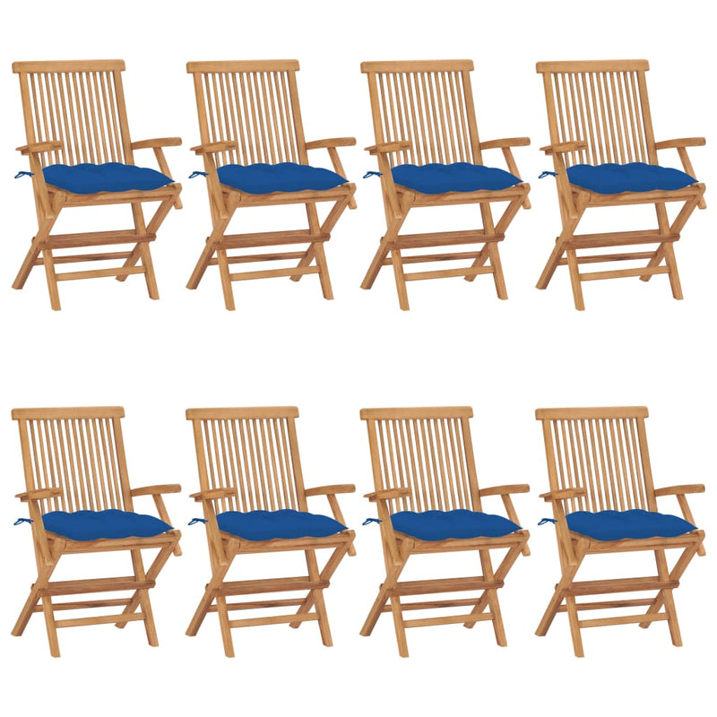 Patio Chairs with Blue Cushions 8 pcs Solid Teak Wood