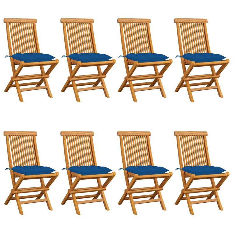 Patio Chairs with Blue Cushions 8 pcs Solid Teak Wood