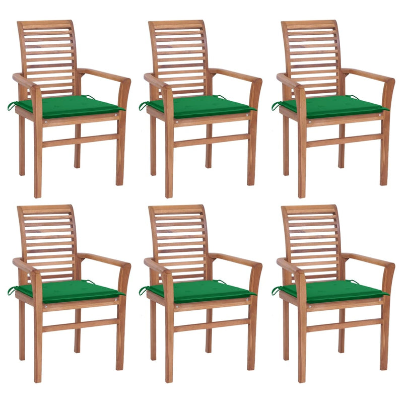 Dining Chairs 6 pcs with Green Cushions Solid Teak Wood