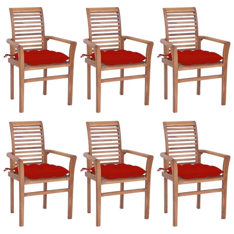 Dining Chairs 6 pcs with Red Cushions Solid Teak Wood