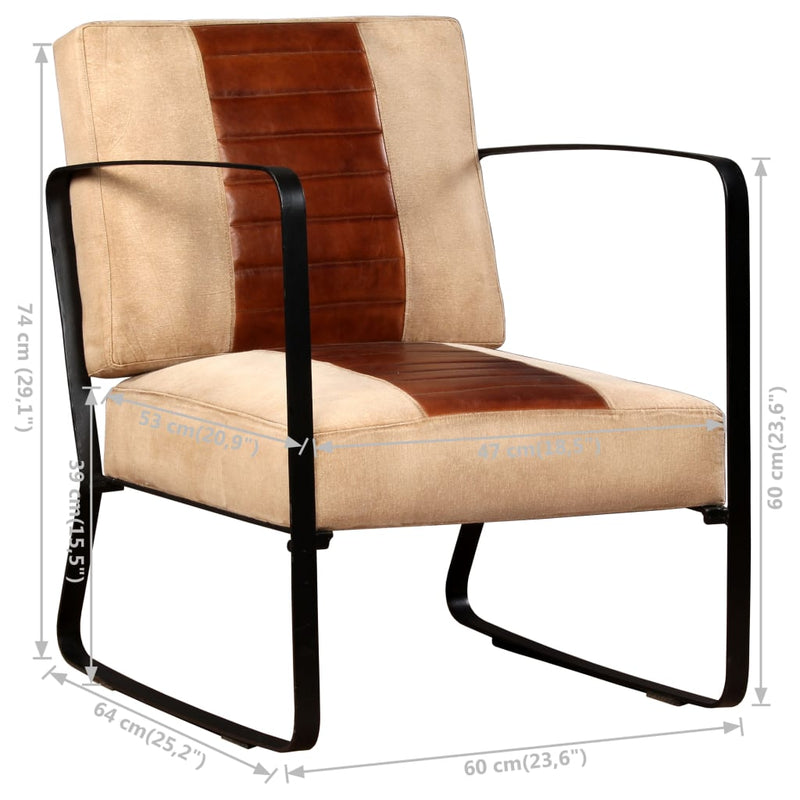 Lounge Chair Brown Genuine Leather and Canvas