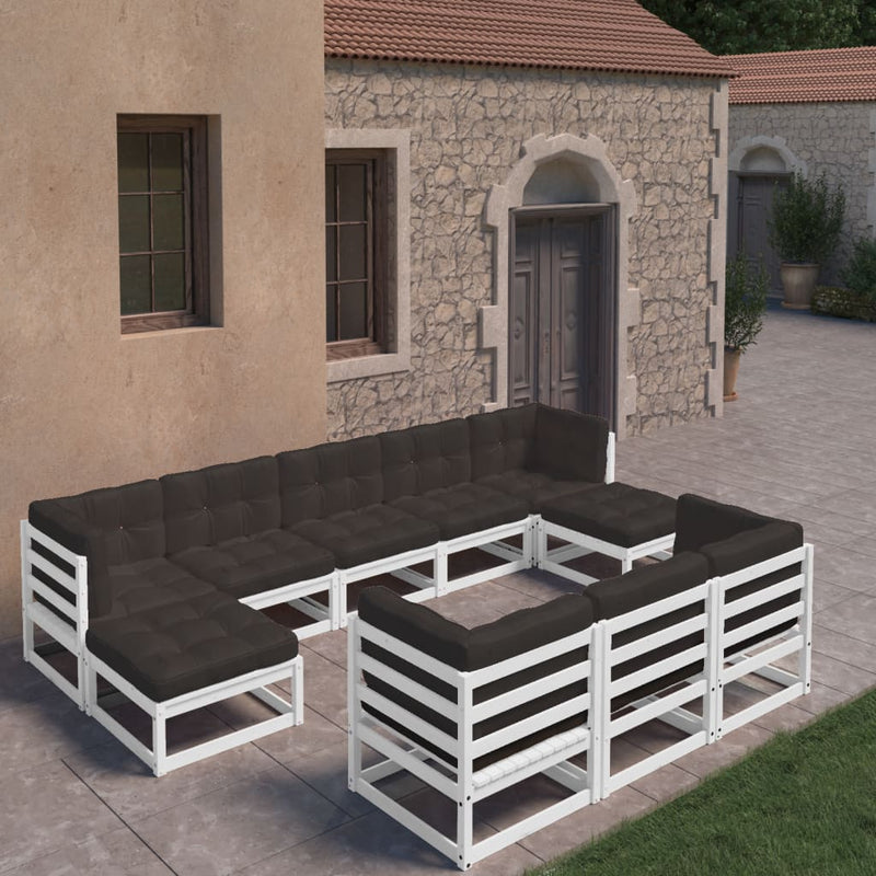 10 Piece Patio Lounge Set with Cushions White Solid Pinewood
