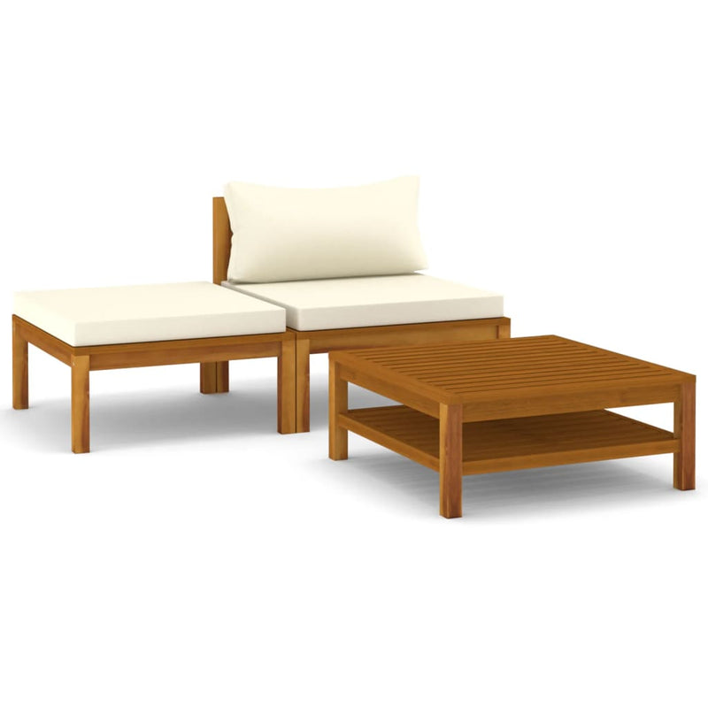 3 Piece Patio Lounge Set with Cream White Cushions Acacia Wood