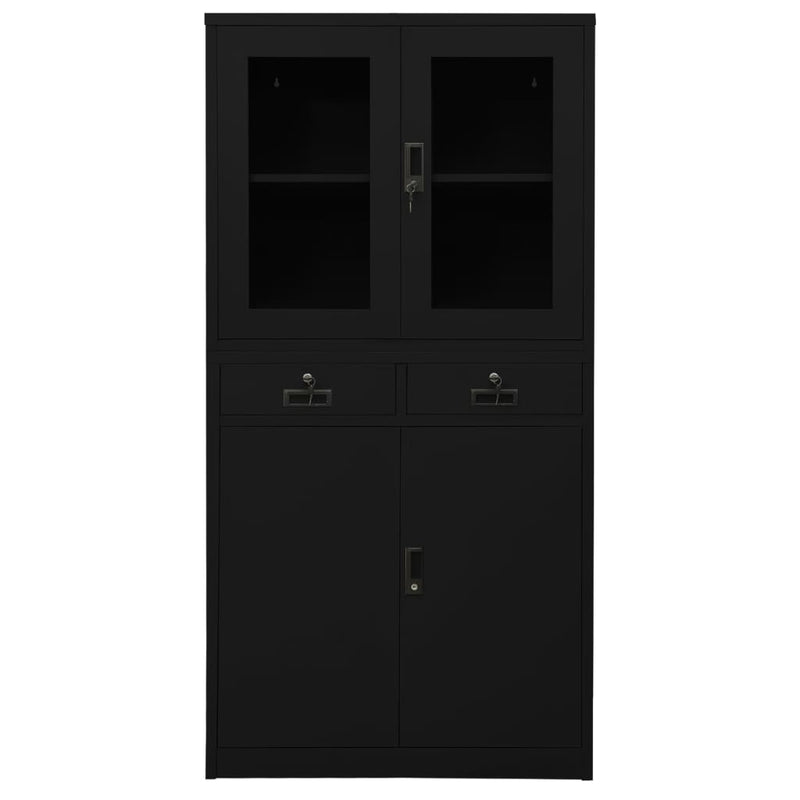 Office Cabinet Black 35.4"x15.7"x70.9" Steel and Tempered Glass