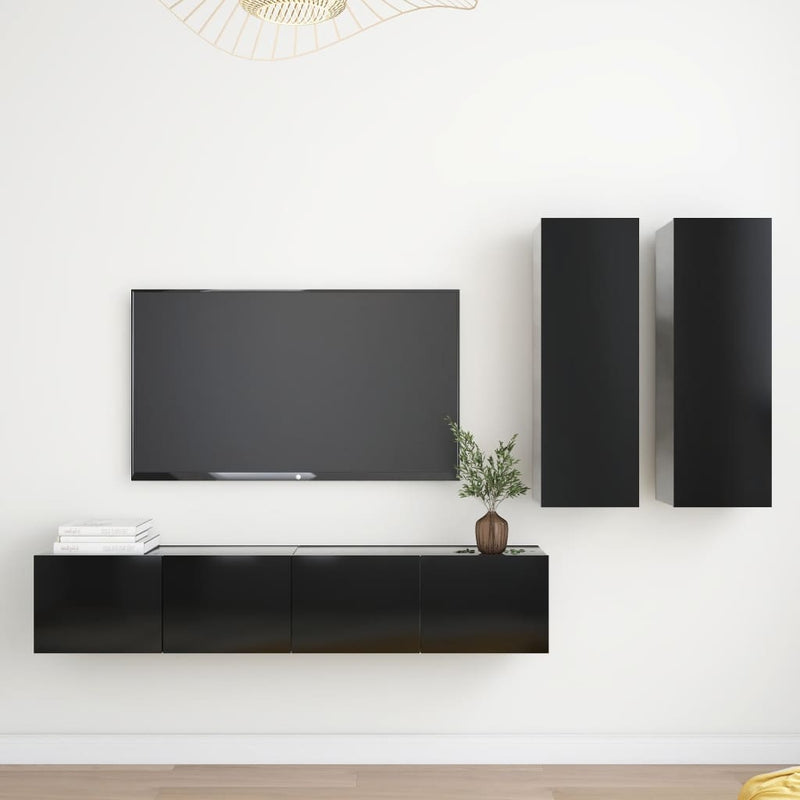 4 Piece TV Cabinet Set Black Chipboard