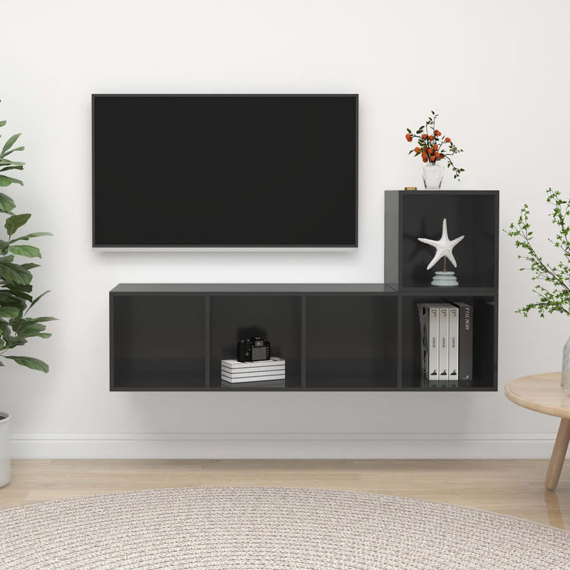 2 Piece TV Cabinet Set High Gloss Gray Chipboard