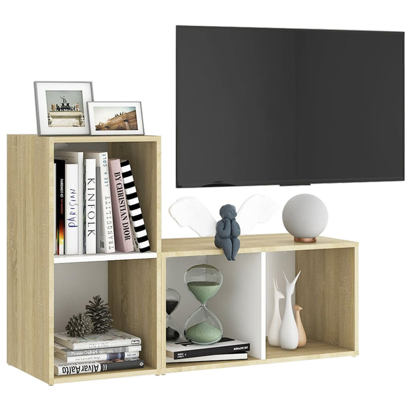 TV Cabinets 2 pcs White and Sonoma Oak 28.3"x13.8"x14.4" Chipboard